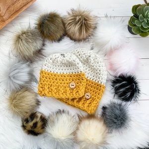 Baby Hat, Vegan, Mustard and cream, Faux Fur pompom, Toque, Winter Toque